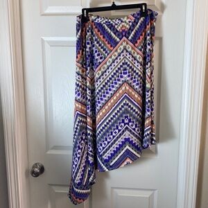 CHICO'S Stretch Knit Asymmetrical Hem Print Skirt Tribal Midi 2 US Medium